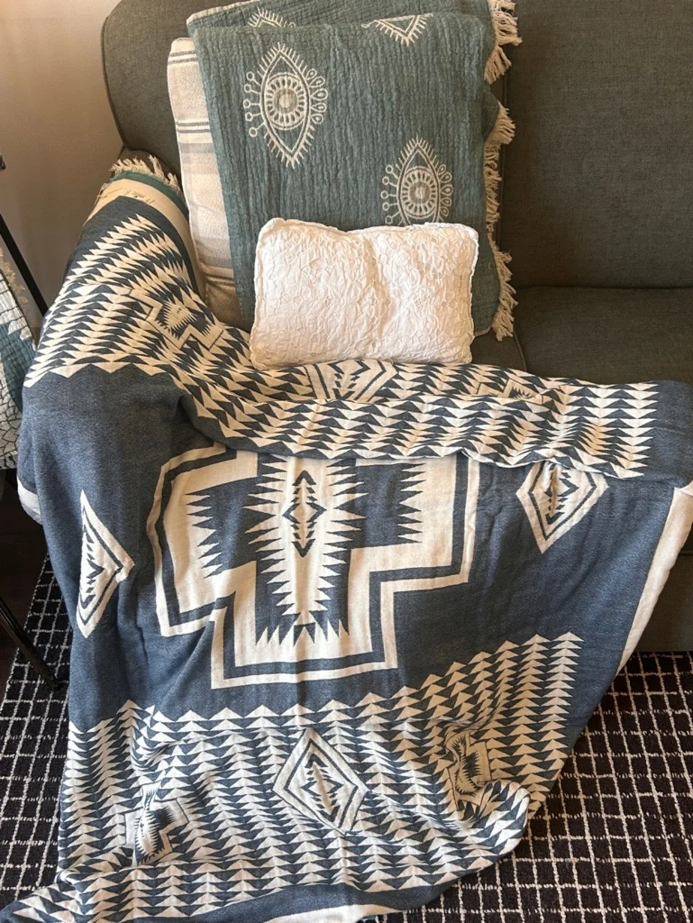 Woven Outdoor Indoor Blanket SxSW TH 2 Side Native Pattern Blue + Natural